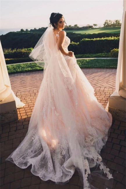 Modernes ärmelloses A-Linien-Brautkleid mit V-Ausschnitt und Spitze