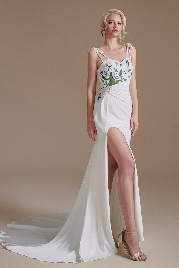Modest Long Mermaid Satin Spaghetti Straps Open Back Wedding Dress with slit