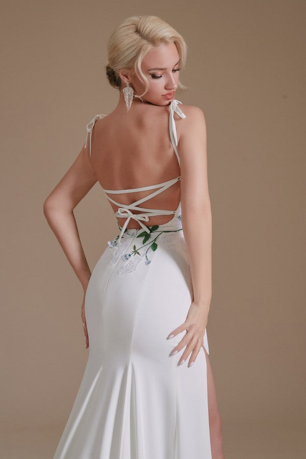 Modest Long Mermaid Satin Spaghetti Straps Open Back Wedding Dress with slit
