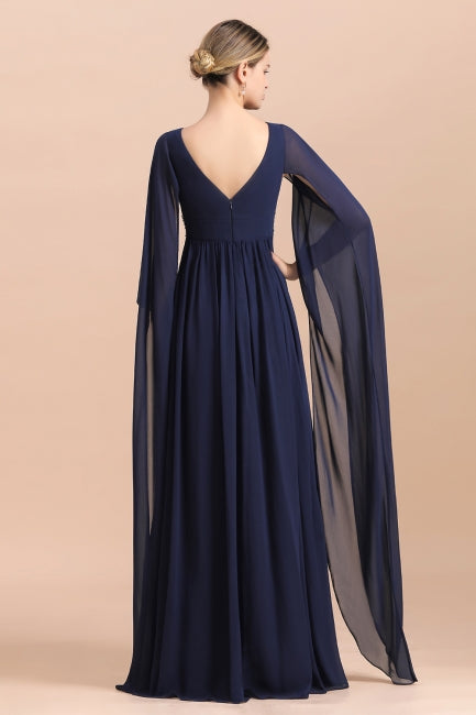 Vestido azul marino de gasa con mangas largas y volantes para madre de la novia online