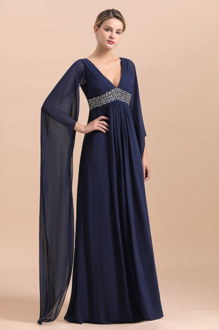 Vestido azul marino de gasa con mangas largas y volantes para madre de la novia online