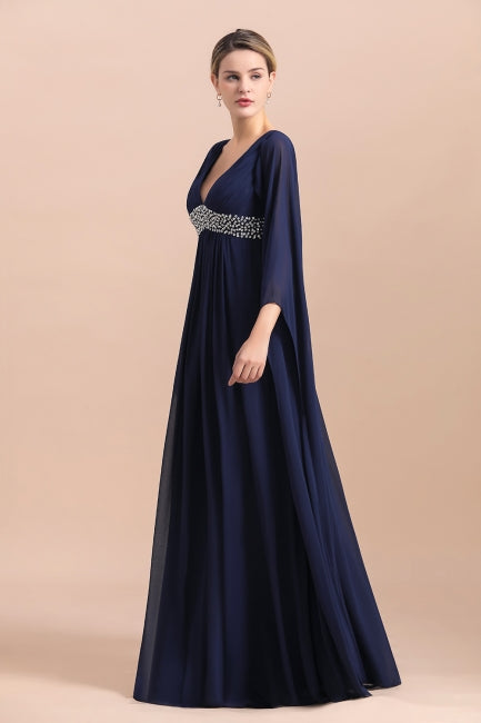 Vestido azul marino de gasa con mangas largas y volantes para madre de la novia online