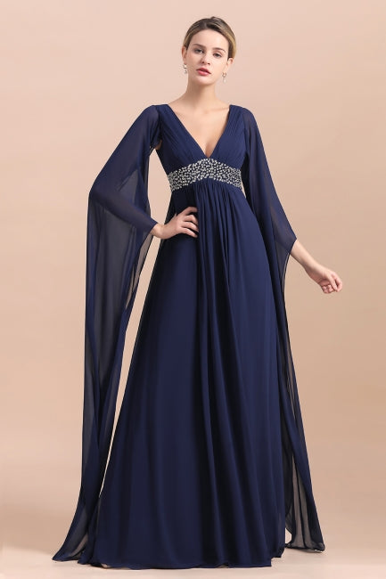 Vestido azul marino de gasa con mangas largas y volantes para madre de la novia online