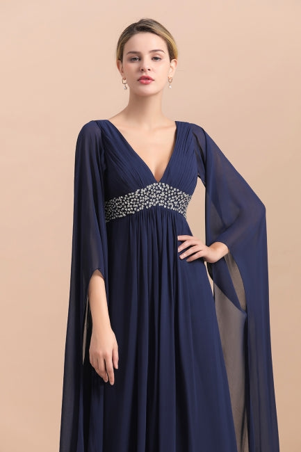 Vestido azul marino de gasa con mangas largas y volantes para madre de la novia online