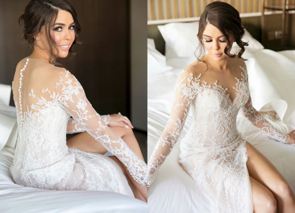 Neues Brautkleid mit Schlitz und Illusionsrücken aus Spitze mit abnehmbarem Rock