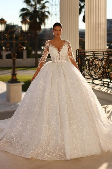 Edles Herzausschnitt 3/4 Ärmel Ballkleid Spitze Brautkleid Strass