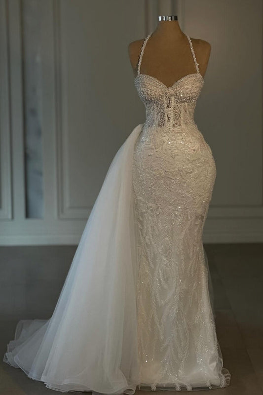 Obsessing Langes Elfenbein Meerjungfrau Neckholder Spitze Perlenbesetztes ärmelloses Brautkleid