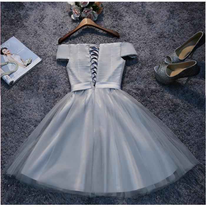 Off Shoulder Grey Tulle Short Prom Dresses Homecoming Dresses