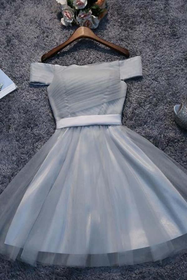 Off Shoulder Grey Tulle Short Prom Dresses Homecoming Dresses