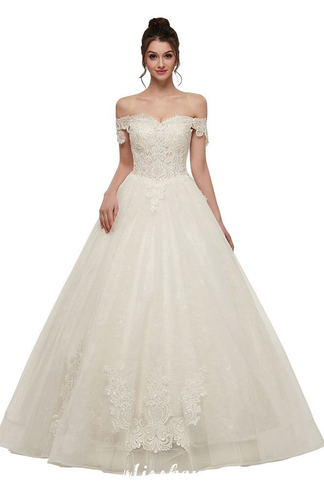 Vestidos de novia con escote en forma de A, hombros descubiertos, encaje, largo hasta el suelo y apliques de encaje