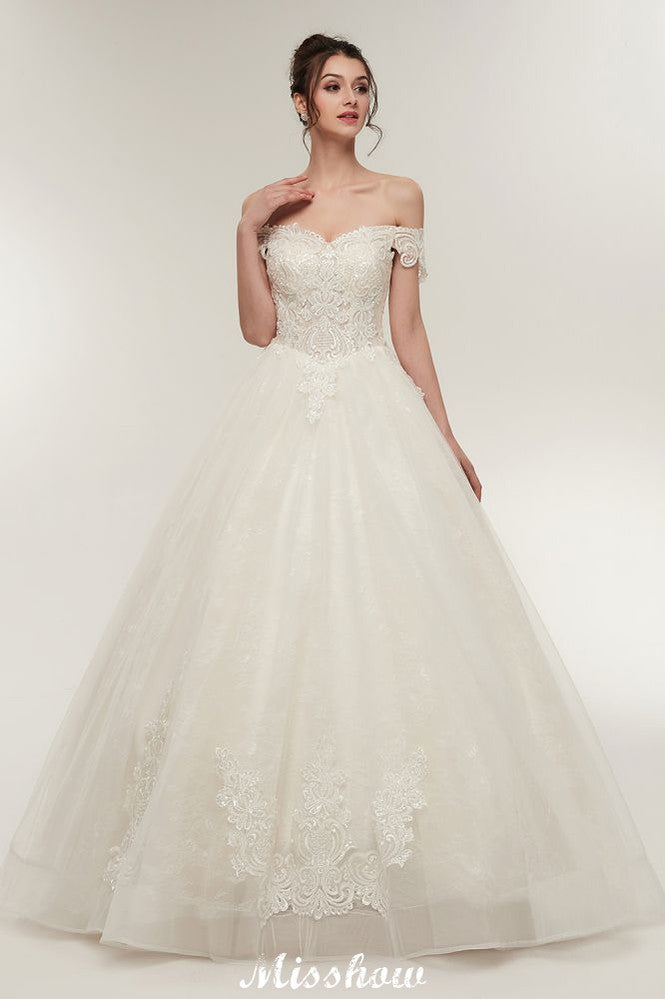 Vestidos de novia con escote en forma de A, hombros descubiertos, encaje, largo hasta el suelo y apliques de encaje