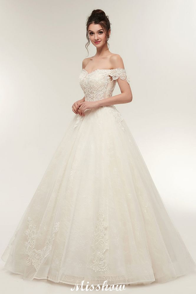 Vestidos de novia con escote en forma de A, hombros descubiertos, encaje, largo hasta el suelo y apliques de encaje