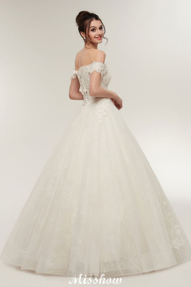 Vestidos de novia con escote en forma de A, hombros descubiertos, encaje, largo hasta el suelo y apliques de encaje