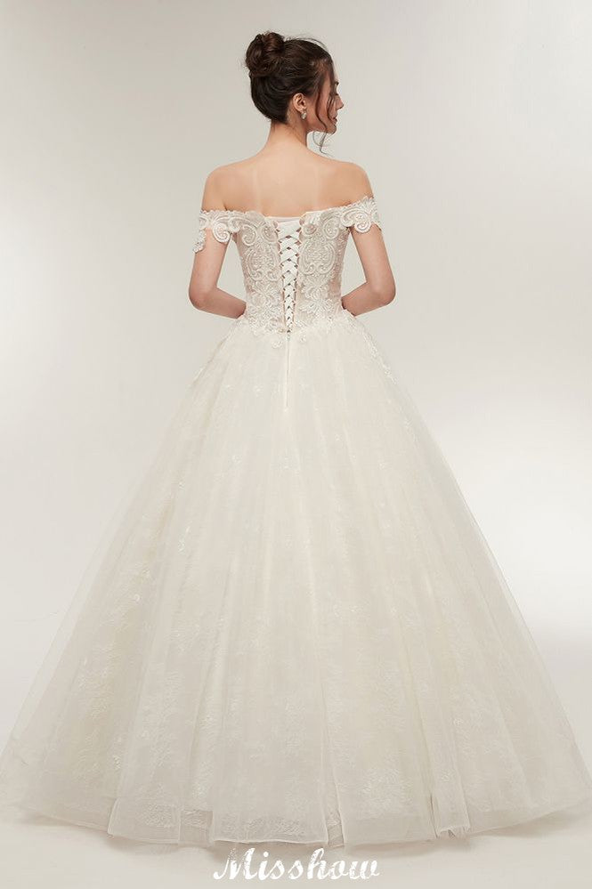 Vestidos de novia con escote en forma de A, hombros descubiertos, encaje, largo hasta el suelo y apliques de encaje