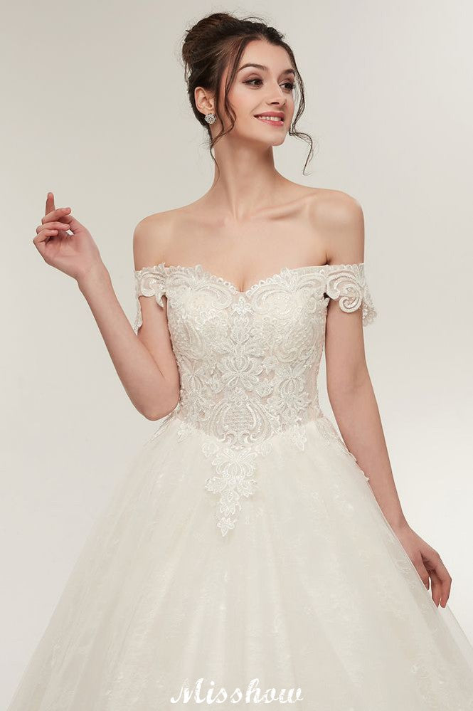 Vestidos de novia con escote en forma de A, hombros descubiertos, encaje, largo hasta el suelo y apliques de encaje