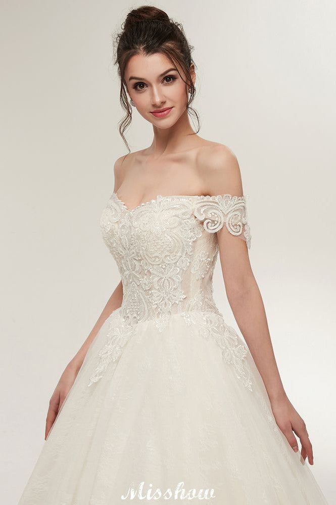 Vestidos de novia con escote en forma de A, hombros descubiertos, encaje, largo hasta el suelo y apliques de encaje