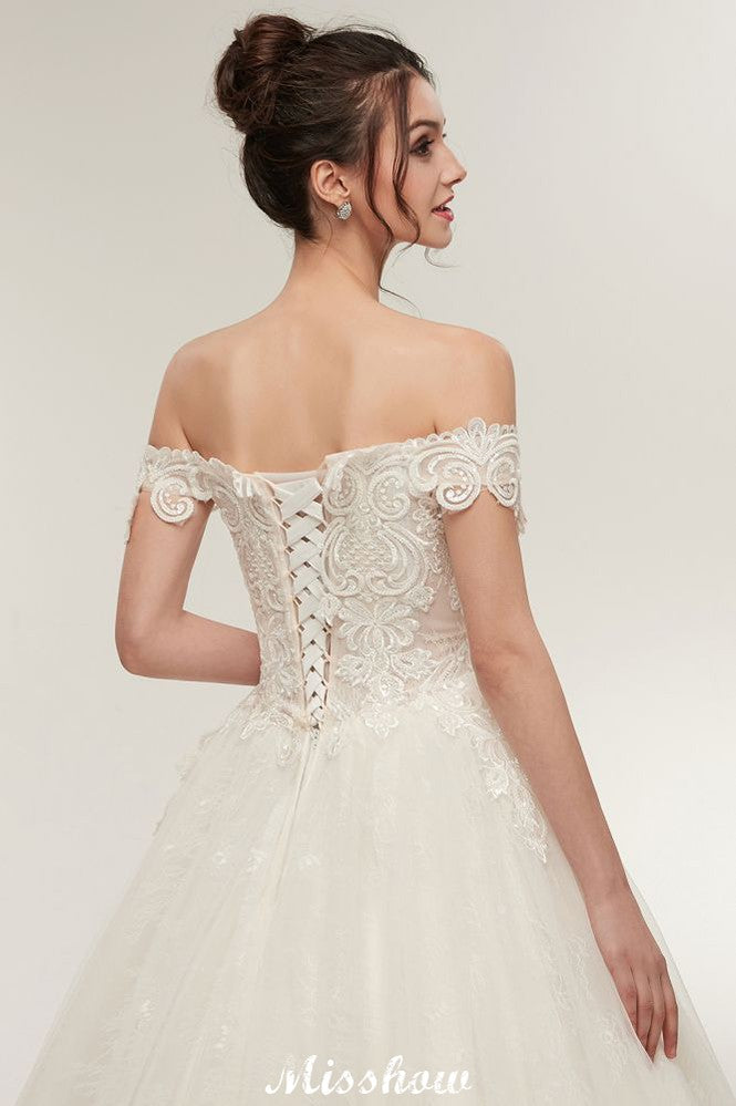 Vestidos de novia con escote en forma de A, hombros descubiertos, encaje, largo hasta el suelo y apliques de encaje