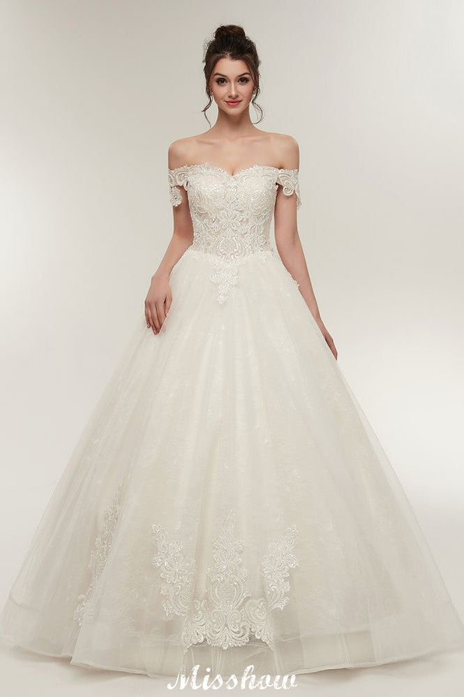 Vestidos de novia con escote en forma de A, hombros descubiertos, encaje, largo hasta el suelo y apliques de encaje