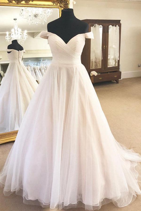 Schulterfreies A-Linien-Brautkleid in Elfenbein mit Falten