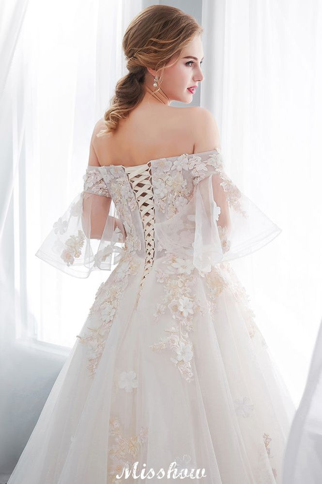 Schulterfreies A-Linien-Ballkleid mit bodenlangem Tüll-Brautkleid mit Applikationen