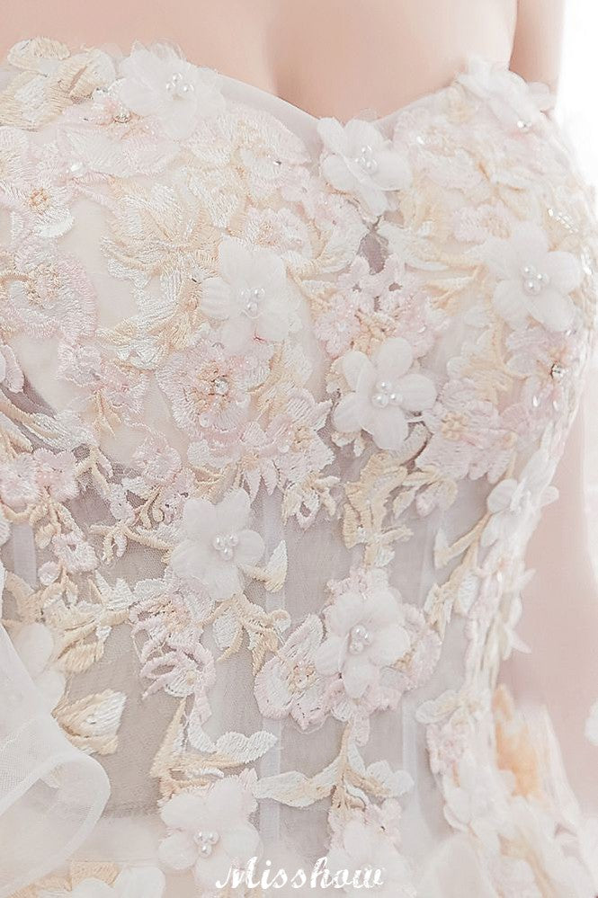 Schulterfreies A-Linien-Ballkleid mit bodenlangem Tüll-Brautkleid mit Applikationen