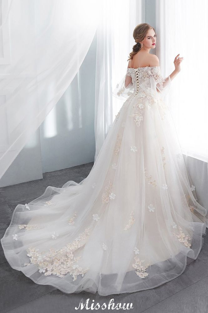 Schulterfreies A-Linien-Ballkleid mit bodenlangem Tüll-Brautkleid mit Applikationen