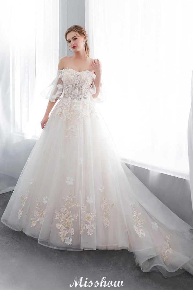 Schulterfreies A-Linien-Ballkleid mit bodenlangem Tüll-Brautkleid mit Applikationen