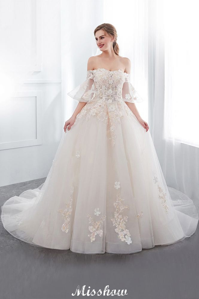 Schulterfreies A-Linien-Ballkleid mit bodenlangem Tüll-Brautkleid mit Applikationen