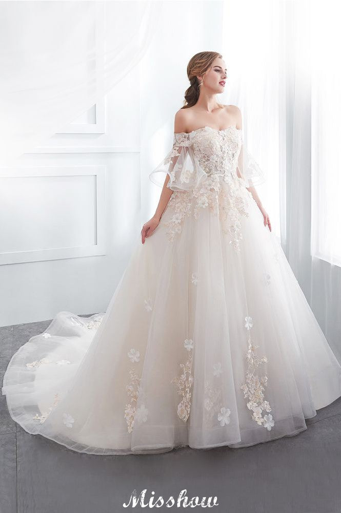 Schulterfreies A-Linien-Ballkleid mit bodenlangem Tüll-Brautkleid mit Applikationen