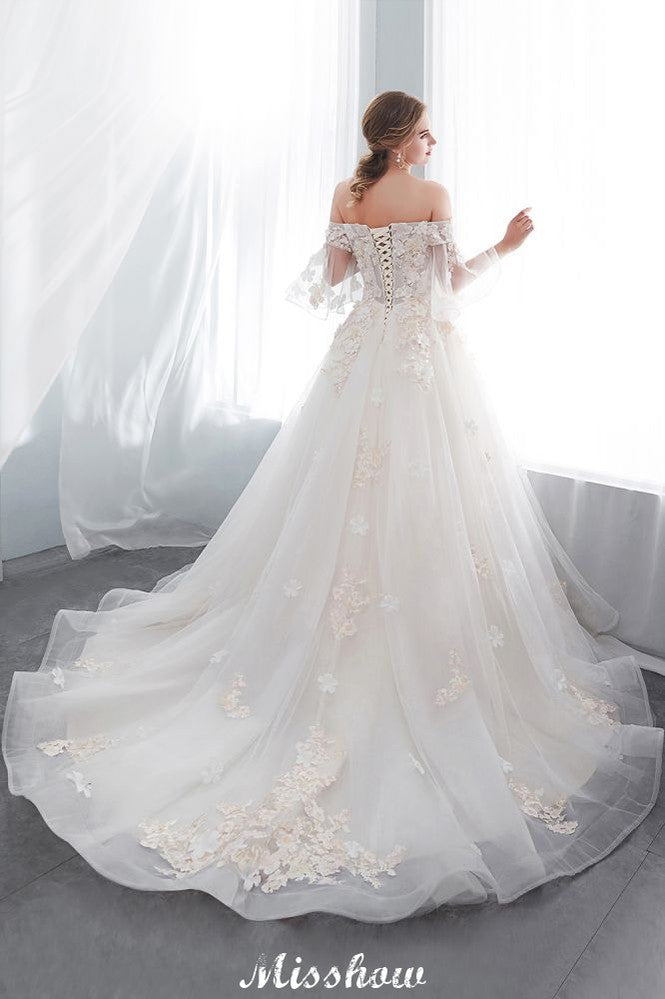 Schulterfreies A-Linien-Ballkleid mit bodenlangem Tüll-Brautkleid mit Applikationen