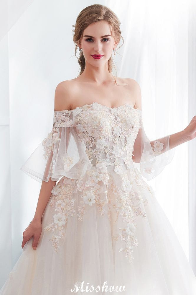 Schulterfreies A-Linien-Ballkleid mit bodenlangem Tüll-Brautkleid mit Applikationen