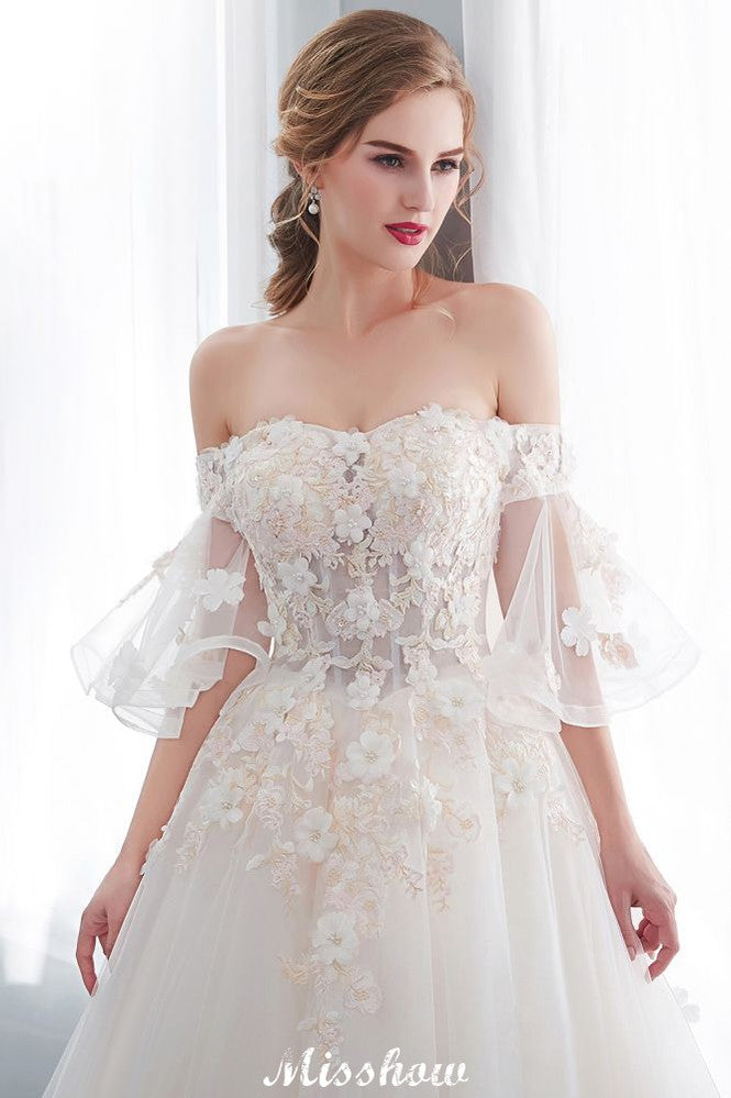 Schulterfreies A-Linien-Ballkleid mit bodenlangem Tüll-Brautkleid mit Applikationen