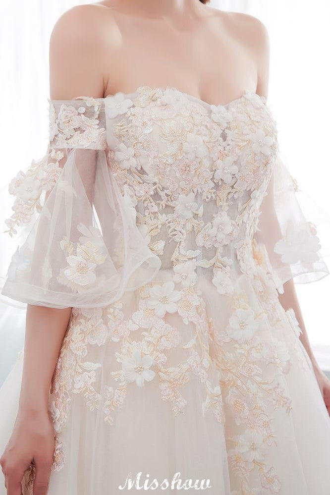 Schulterfreies A-Linien-Ballkleid mit bodenlangem Tüll-Brautkleid mit Applikationen