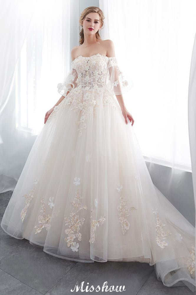 Schulterfreies A-Linien-Ballkleid mit bodenlangem Tüll-Brautkleid mit Applikationen