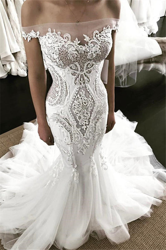 Schulterfreies, trägerloses Meerjungfrau-Brautkleid aus Spitze