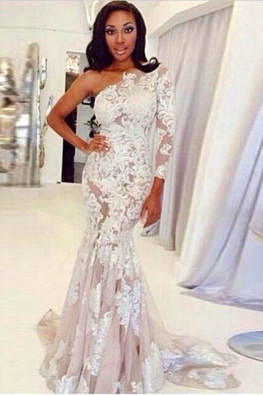 Eine Schulter Langarm Tüll Spitze Hübsche Meerjungfrau Elegante Brautkleider