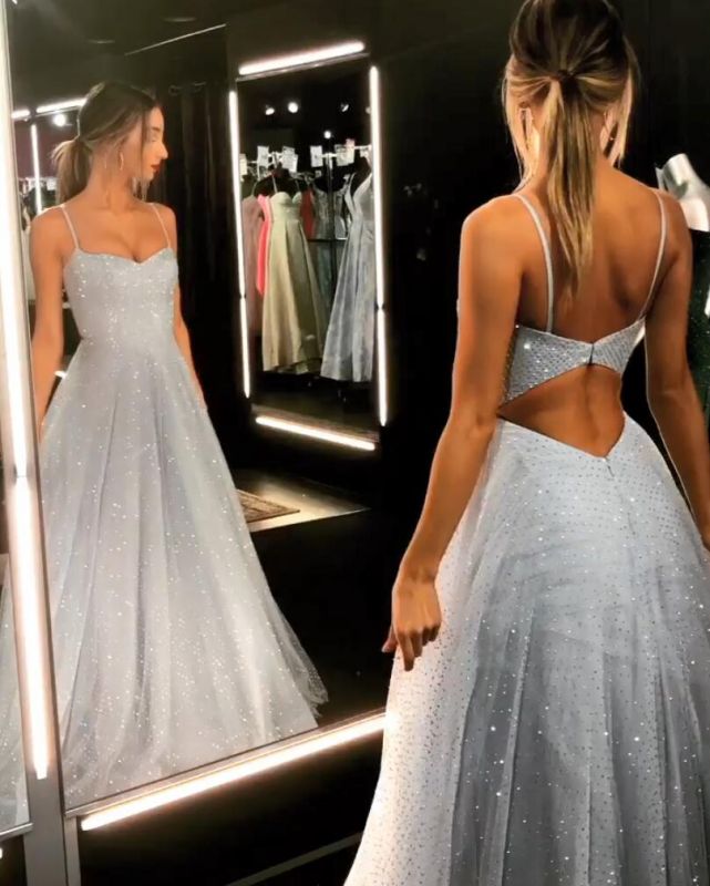 Offener Rücken Spaghettiträger Pailletten Ballkleider Eisblau Sexy Abendkleider
