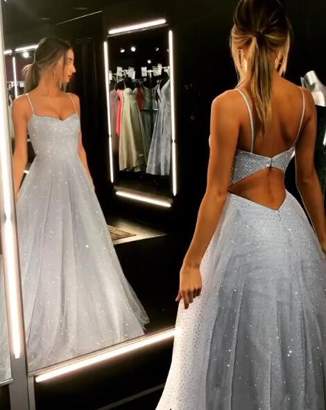 Offener Rücken Spaghettiträger Pailletten Ballkleider Eisblau Sexy Abendkleider