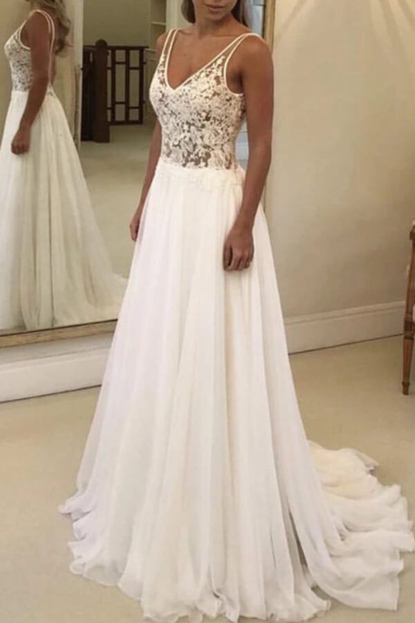 Rückenfreies Brautkleid aus Chiffon mit V-Ausschnitt und Spitze