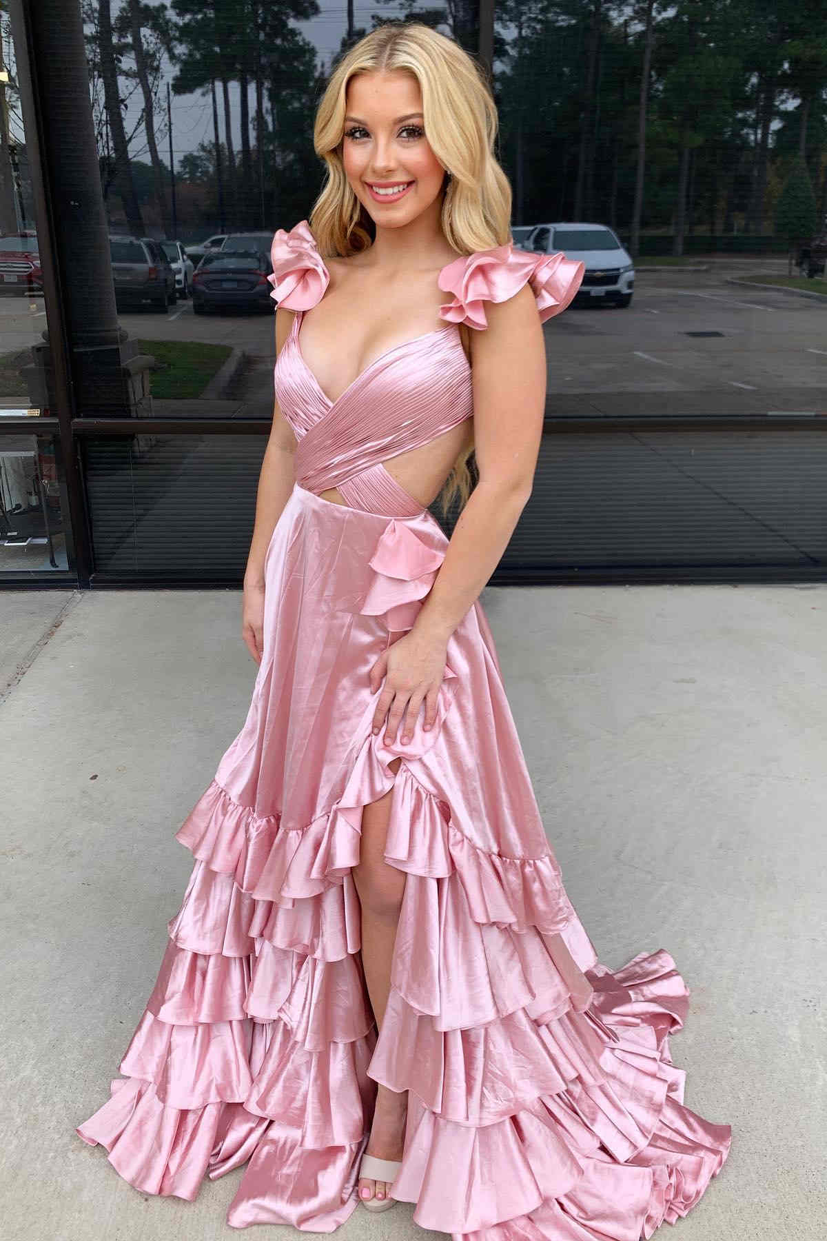 Vestido de fiesta largo de corte A con volantes y abertura