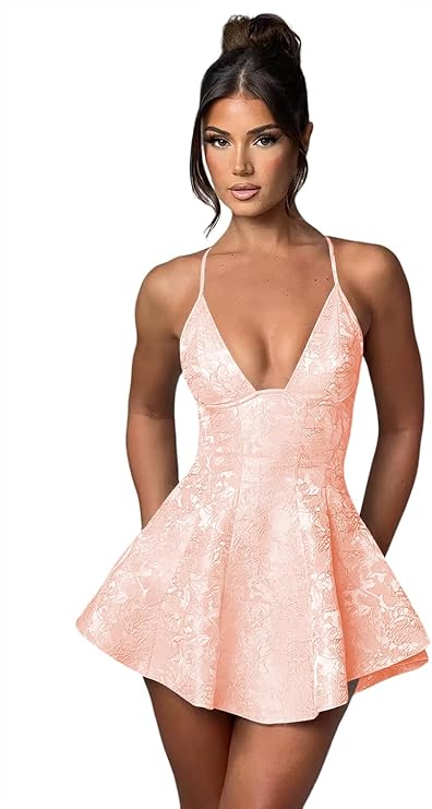 Vestido de fiesta corto de satén con volantes, corte A, cuello halter, espalda descubierta y jacquard