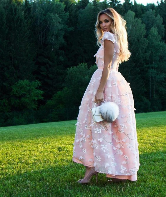 Pink Short Flowers Jewel A-Line Tea-length Prom Dresses