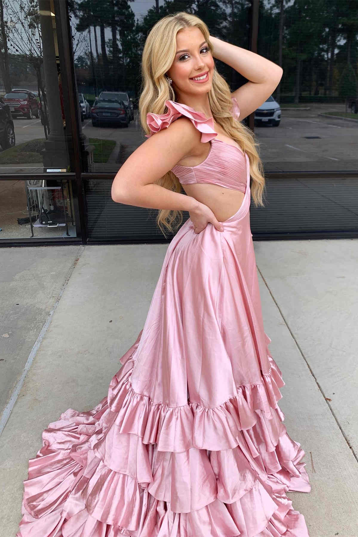 Vestido de fiesta largo de corte A con volantes y abertura