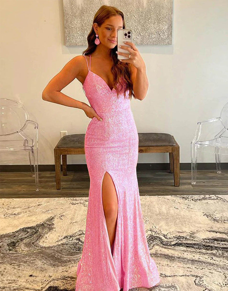 Vestido de fiesta largo estilo sirena con lentejuelas naranjas brillantes de Roycebridal
