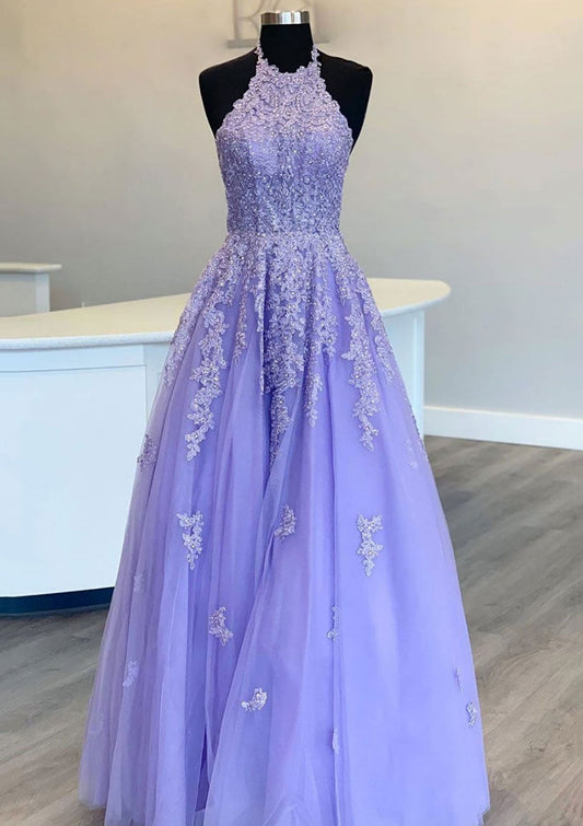 Vestido de fiesta de princesa con cuello halter, largo hasta el suelo, de tul y encaje con apliques de cuentas
