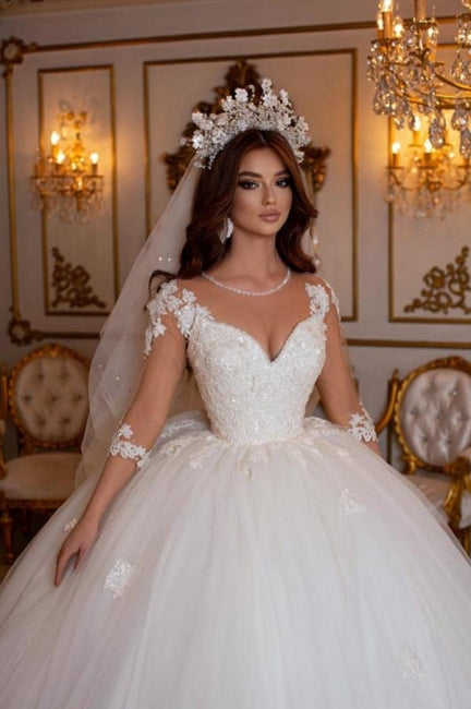 Prinzessin Lange A-Linie V-Ausschnitt Spitze Brautkleider Mit Langen Ärmeln