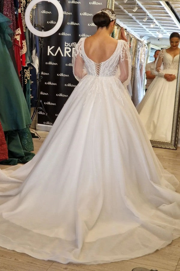 Prinzessin Langes A-Linien-Brautkleid mit V-Ausschnitt und langen Ärmeln