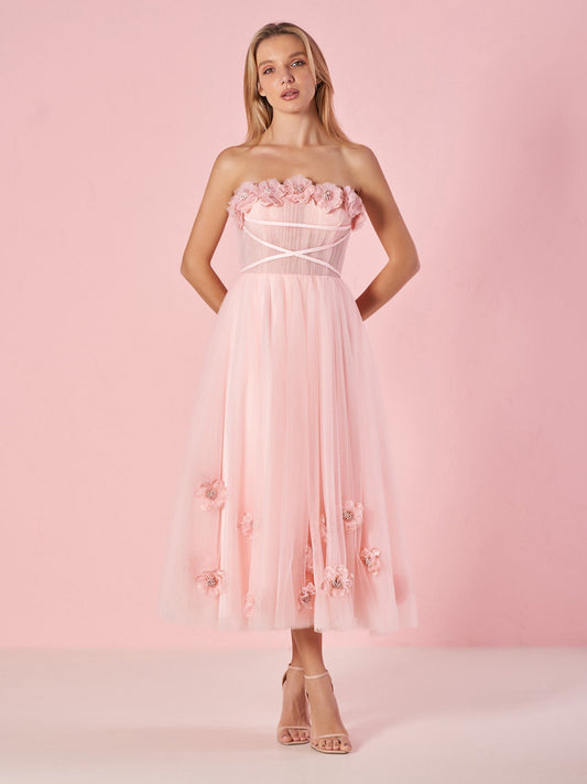 Vestido de fiesta princesa rosa claro sin tirantes con flores