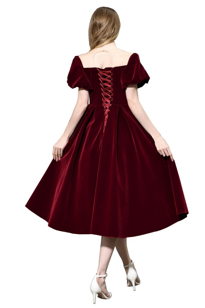 Knöchellanges Samtkleid mit Puffärmeln, tiefem V-Ausschnitt, Vintage-Partykleid