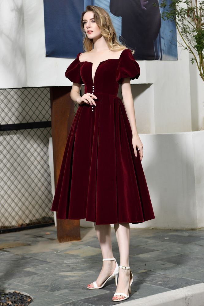 Knöchellanges Samtkleid mit Puffärmeln, tiefem V-Ausschnitt, Vintage-Partykleid